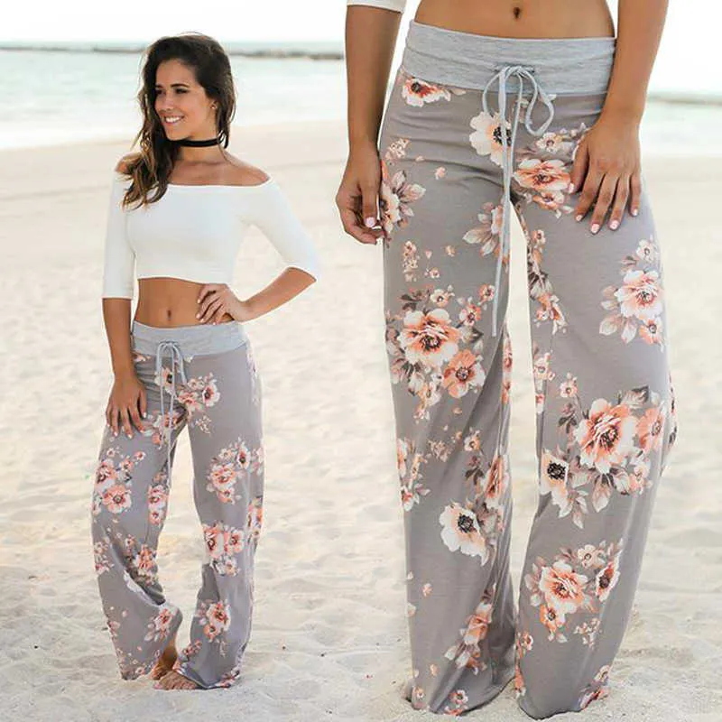 Casual Straight Long Beach Pant Wide Leg Plus Size 3XL Women Trousers Bohemia Print Elastic Waist Palazzo Sweatpants 210526