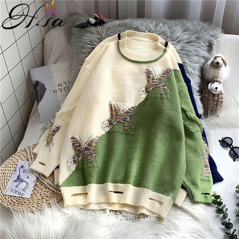 H.SA Vinter Patchwork Sweater och Jumpers Långärmad Stjärnor Tryckta Pullovers Chic Streetwear Hole Tröjor Butterfly Drag 210417