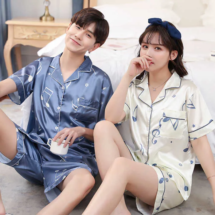 Couples Lovers Pyjamas Set à manches courtes Pyjama d'été Lâche Hommes Faux Soie Style Couple Pijama Set Vêtements de nuit Top + Pantalon 210809