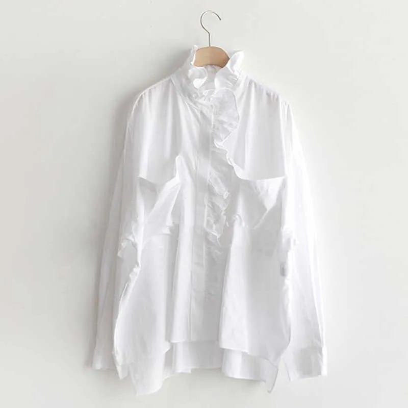 Gran venta primavera/verano coreano Casual suelta camisa a rayas de manga larga dulce hoja de loto borde algodón cómodo elegante 210615
