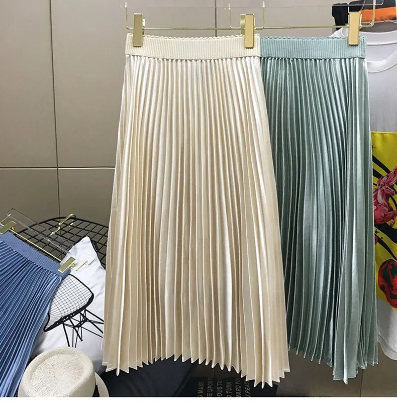Sommar eleganta kjolar för kvinnans halv längd Metallic Satin Organ pläterad Lång stor elastisk midja A-Line 210420