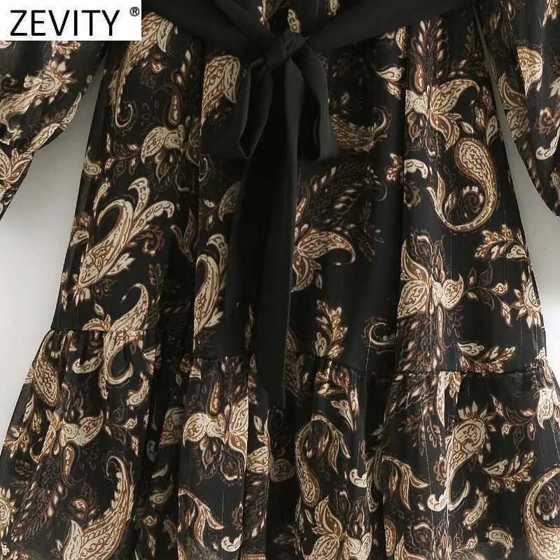 Zevity kobiety Vintage Netchew Nut Totem Floral Print Sashes Mini Dress Femme Golden Line Vestido Breasted Sukienki DS4853 210603