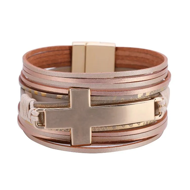 Bangle Ethnic Style Couple Jewelry Genuine Leather Wide-sided Cuffs Women's Bracelet Cross Magnetic Buckle Charm Female2559