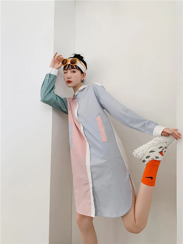 Цвет блокировки розовый с длинным рукавом рубашка платье женские лоскутные клапаны кнопки воротник мини-корейская мода одежда 210427