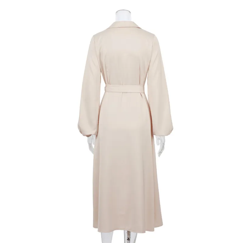 Lente Vintage Kantoor Dames Solid Lange Mouw Dames Midi Jurk Licht Volwassen V-hals Lantaarn Sexy Split 210514