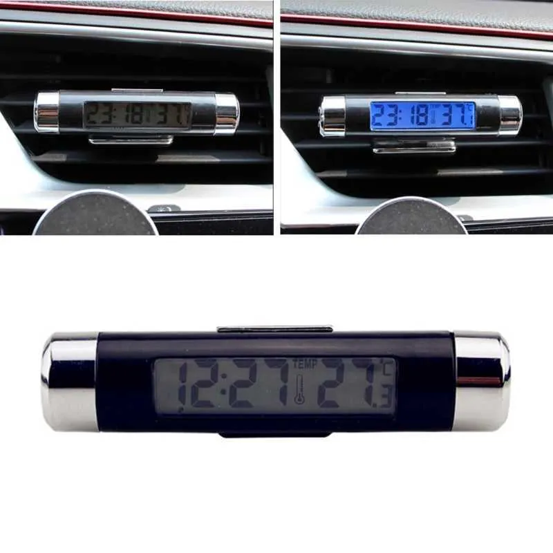 Bil LCD-skärm 2 i 1 mini Vehicle Digital Clock Termometer Time Monitor Portable Electronic Clip-On LED-bakgrundsbelysning