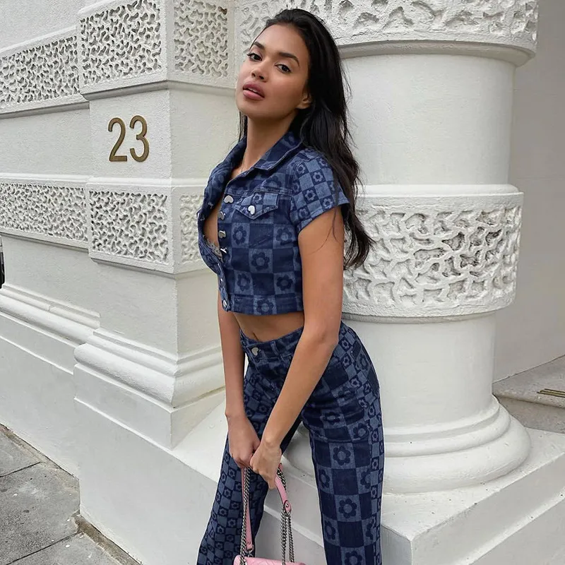 Kwiatowy Niebieski 2 Sztuka Zestawy Kobiety Denim Crop Topy Szerokie nogi Spodnie Zestaw Y2K Wysoka talia Vintage Dżinsy Casual Długie Spodnie Dresy 210515