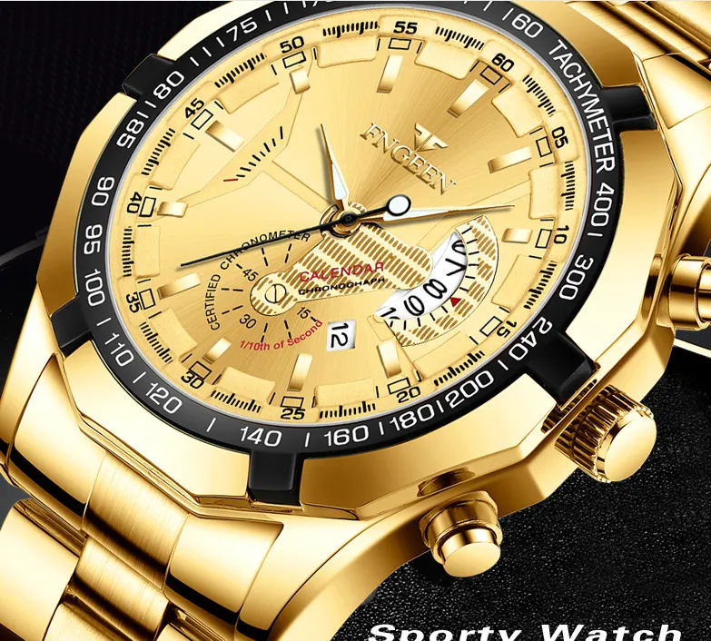 Fngeen Brand White Steel Quartz Mens Watches Crystal Glass Watch Date 44mm Diameter Personlighet Gentlemanly Wristwatches319f