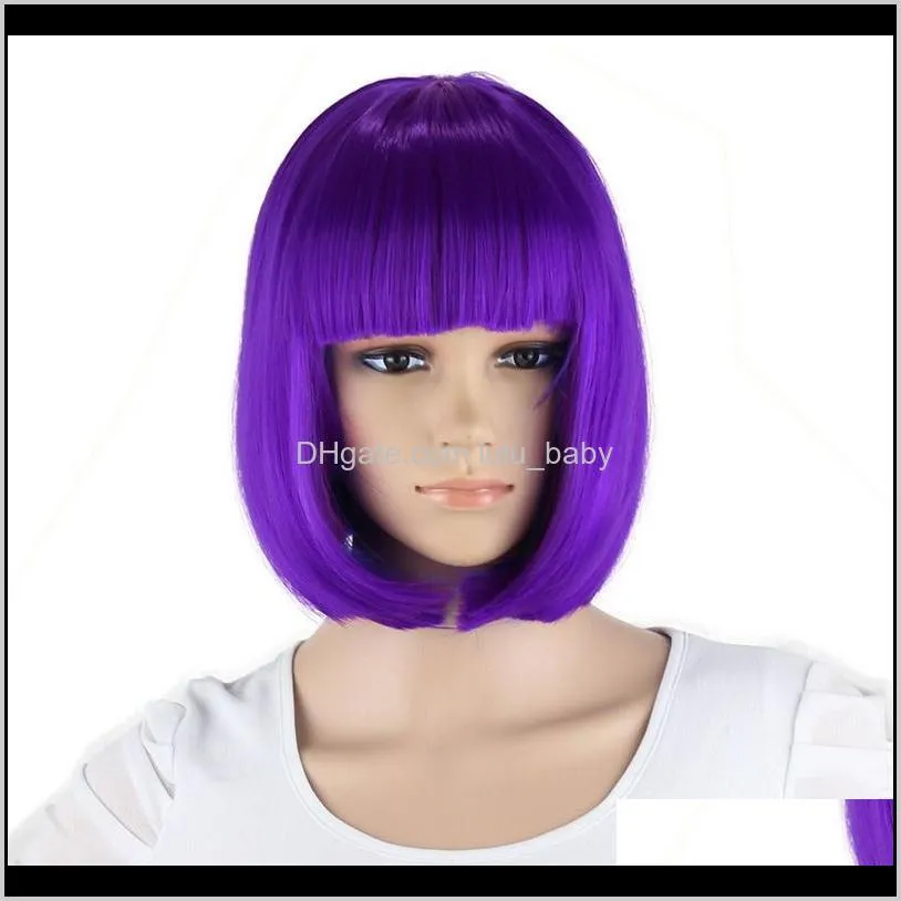 synthetic 10inch straight short bob wigs bangs blue golden red black white purple pink green brown cosplay wig female