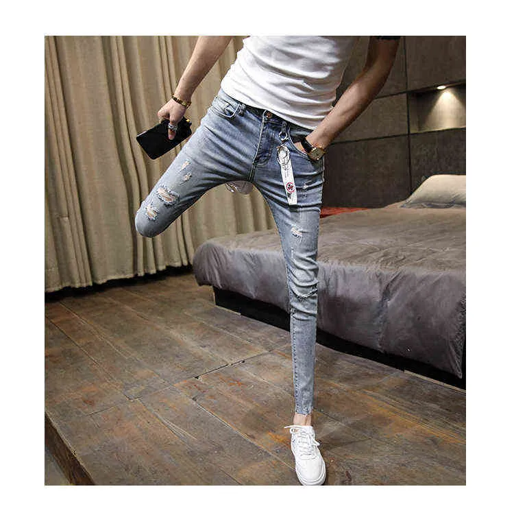 Pantaloni strappati jeans slim da uomo alla moda Coreano retrò alla caviglia lunghezza adolescente sociale gioventù piedi parrucchiere matita 211108