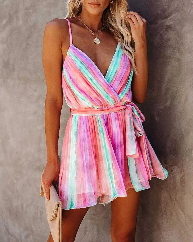 Kvinnor Fashion Casual Short Dress V Neck Tie Front Spaghetti Strap Rainbow Color Backless Cami Mini Dress 2107164641894