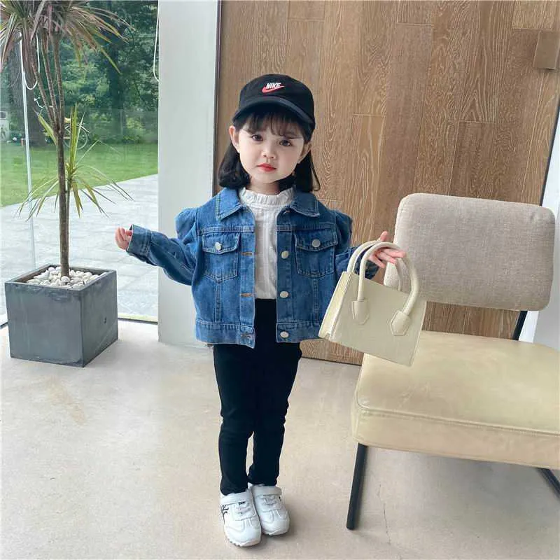 Herbst Mädchen Jacken Baby Mädchen Mäntel Blau Denim Puff Sleeve Casual Kinder für Kleidung E17034 210610