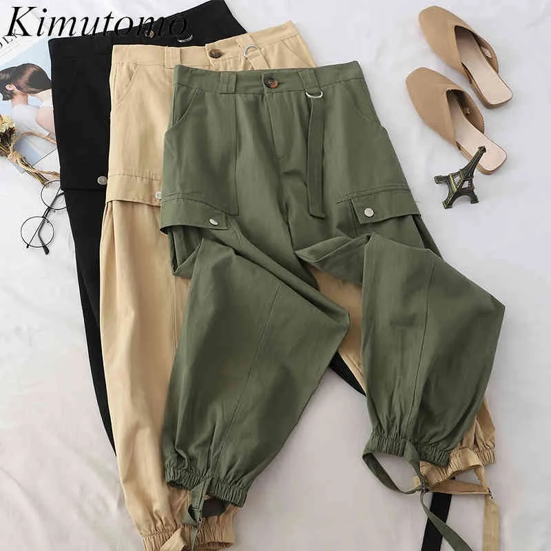Kimutomo safari stijl enkellange broek vrouwen lente zomer hoge taille pocket casual bandage lading broek Koreaanse mode 210521