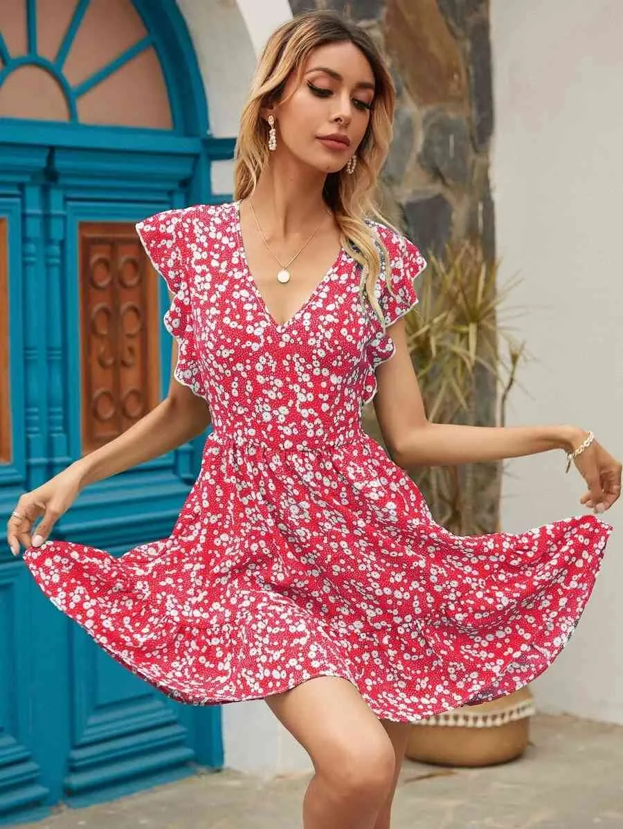 Sommar kort klänning kvinnor v neck semester strand klänningar boho skriva en linje kort ärm ruffles klänningar vestidos kläder 210521