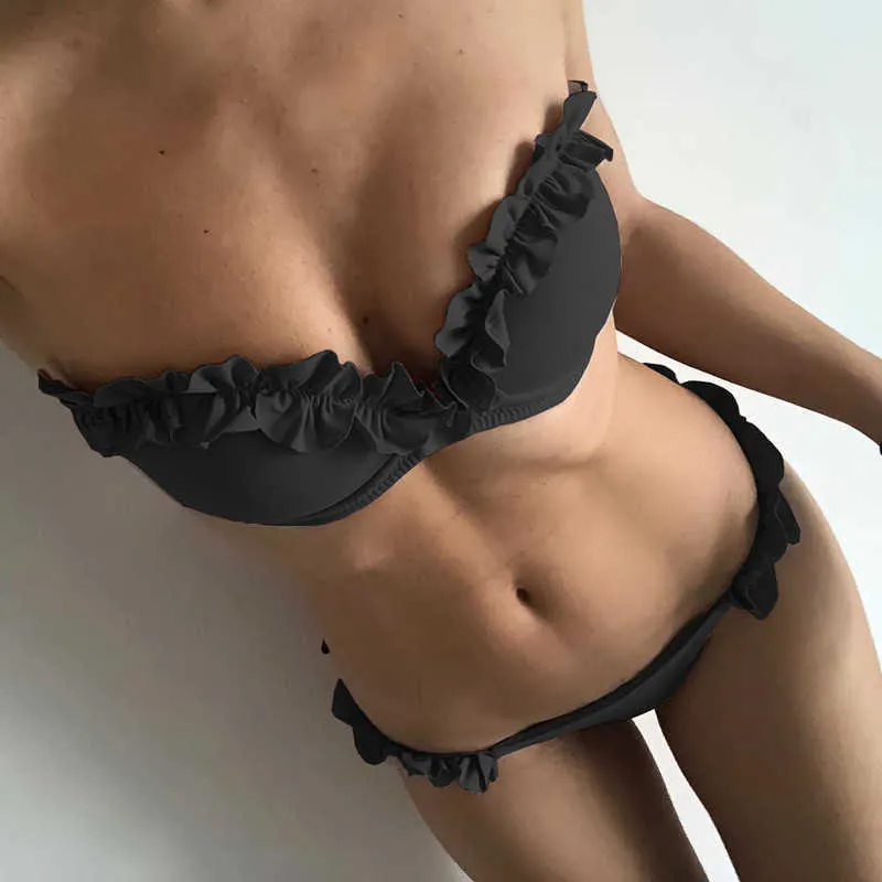 Мягкий толчок бикини набор underwire цветок ruffles купальник для женщин сексуальный сплошной бандзовый женский купальный костюм лето бикини 210629