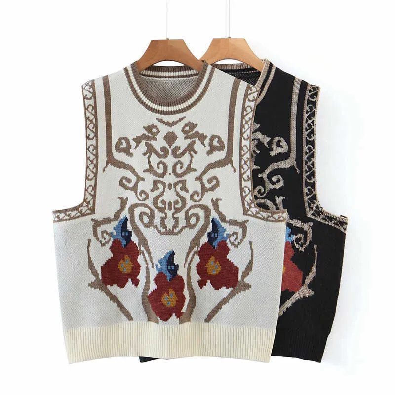 Streetwear Donna Geometria Jacquard Maglione Gilet Moda Donna O-Collo Serbatoi lavorati a maglia Pullover donna stile cinese 210527