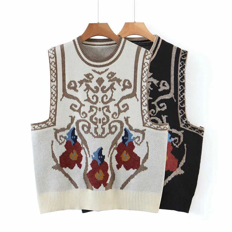 Streetwear Women Geometry Jacquard Sweater Vest Fashion Ladies O-Neck Strikta Tankar Kinesisk stil Kvinna Pullovers 210527