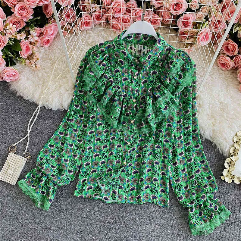 Lente Herfst Koreaanse stijl Gepareerd Floral Chiffon Shirt Dames Retro Losse Slanke Mode Top C160 210506