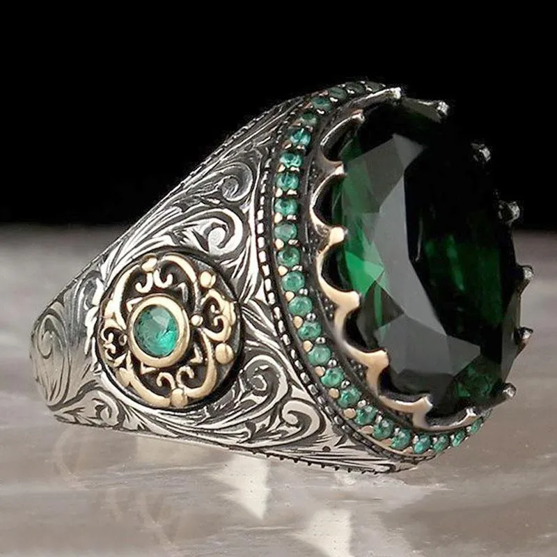 Bröllopsringar vintage stor ring för män Ancient Silver Color Inlaid Blue Green Agate Stone Punk Motor Biker Storlek 11 12 13235J