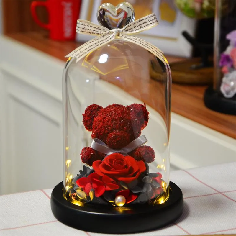Ghirlande di fiori decorativi Rosa eterna conservata Adorabile orsacchiotto a cuore Cupola di vetro con luce a led Decorazioni la casa di nozze Mother254I