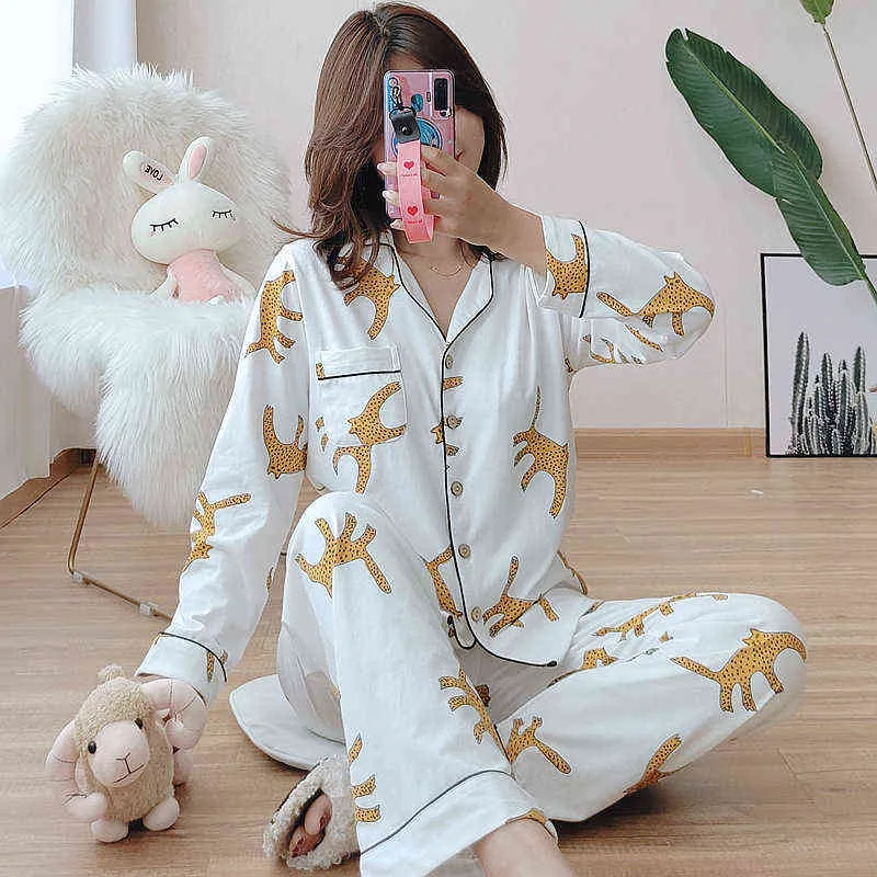 Japansk stil damer 100% bomull kostym leopard tryck långärmad byxor pyjamas kostym vår höst vinter hem service kvinnor 211112
