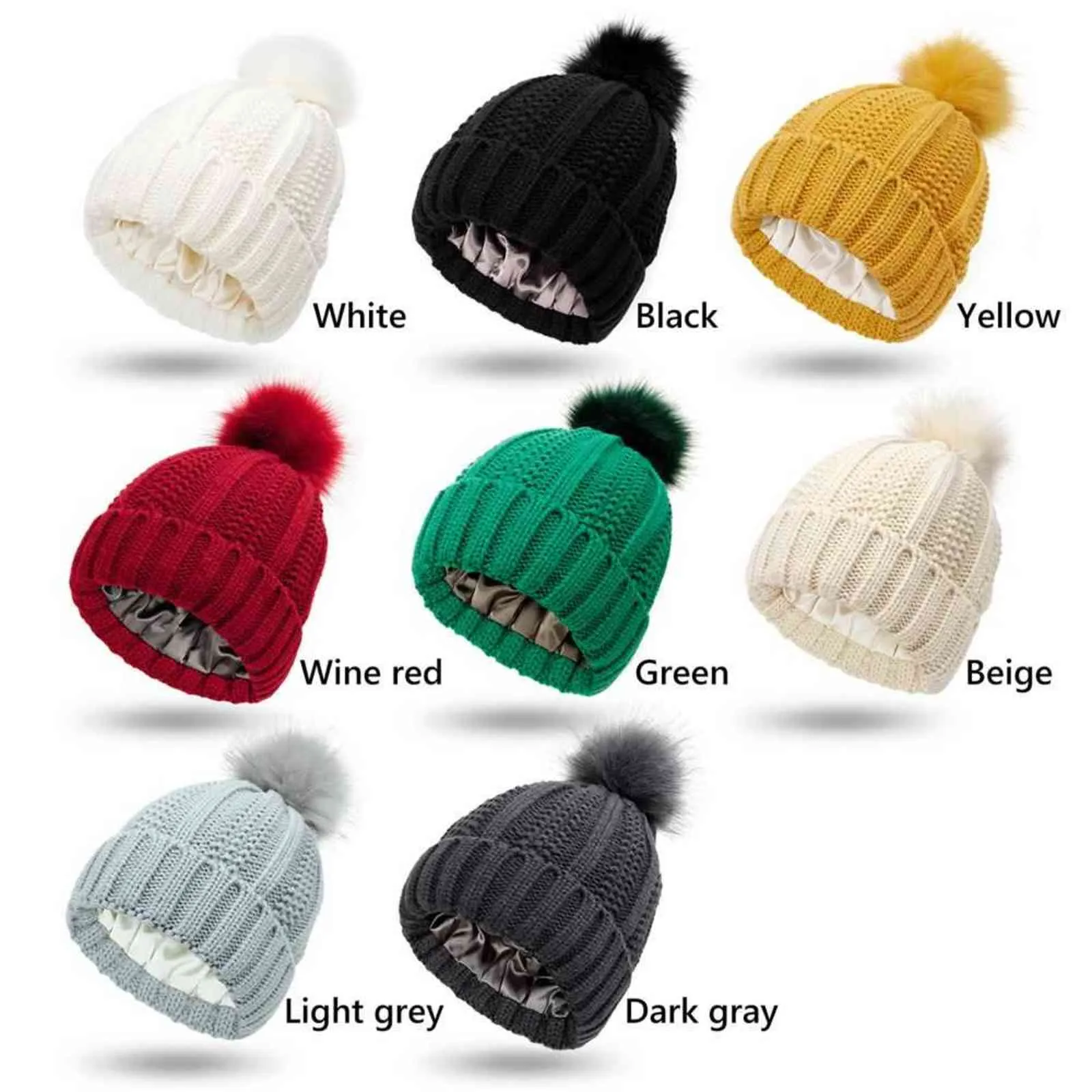 Fashion Stretchy Satin Lined Soft Winter Beanie Hat Knit Hats Faux Fur Pom Hat Beanie Hat for Women Y21111