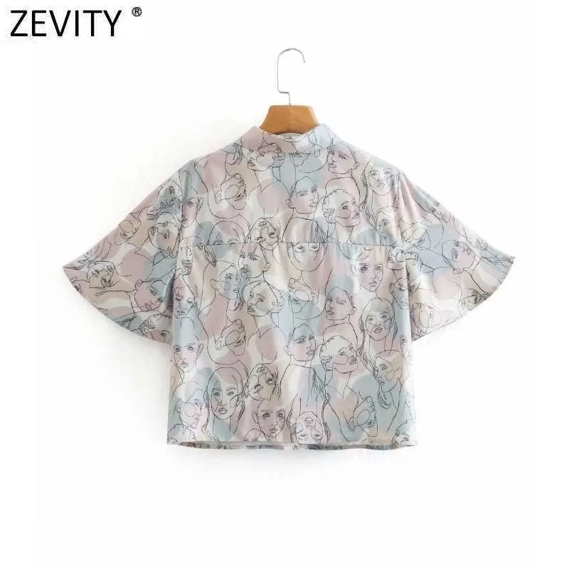Zeefity Dames Mode Abstract Portret Print Breasted Blouse Office Lady Flare Sleeve Casual Shirts Chic Chemise Tops LS9135 210603