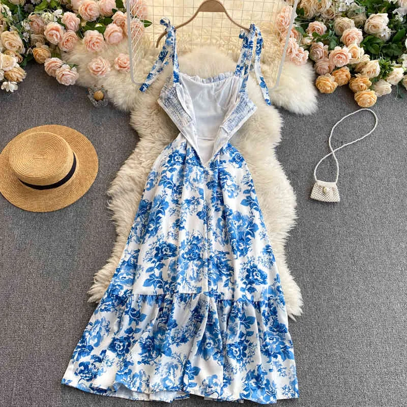 European American Vacation Travel Pography Vestidos Feminine Strapless Slim Slimming Flower Print Midi Dress C709 210506