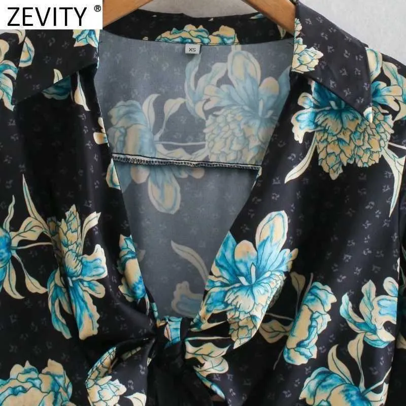 Zevity Женщины Vintage Front Bowknot Цветок Печать Повседневная Стройное MIDI Платье Femme С Длинным Рукавом Линия Vestido Chic Одежда DS4794 210603