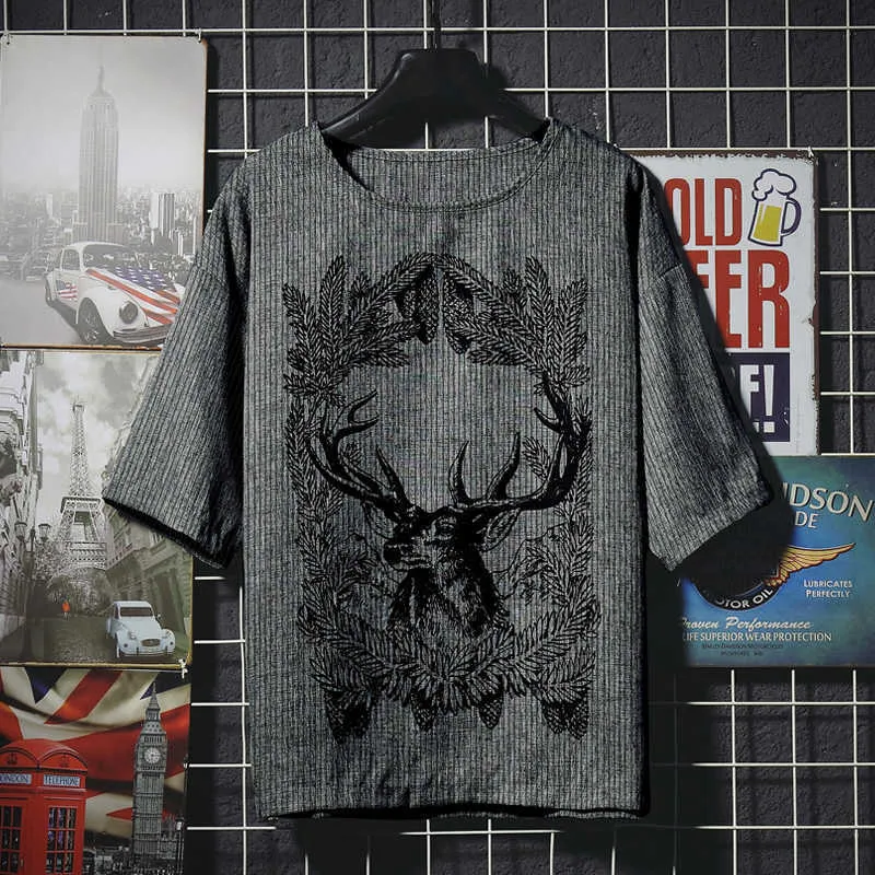 Męska Round Neck Loose Koszulka z krótkim rękawem 1 Summer Fashion Lion Graffiti Printing Young Men's Dark Gray Trend Koszulka 210531