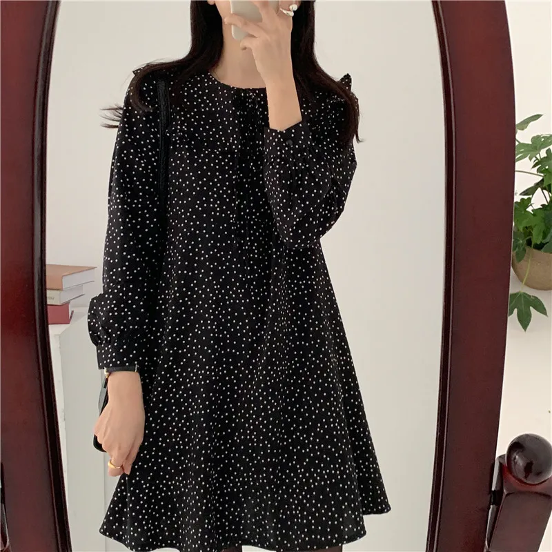 Korean Polka Dot Women Autumn Long Sleeve Mini Dress Sweet A-line Round Collar Office Lady Vestidos De Fiesta 10840 210417