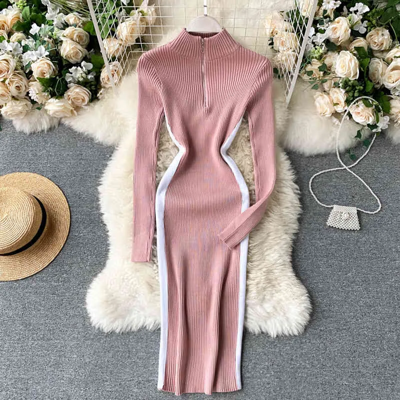 Frauen elastische gestrickte Kleid Herbst Winter Design Reißverschluss Stehkragen Langarm Jumper Korean Bodycon Pullover Kleider 210419