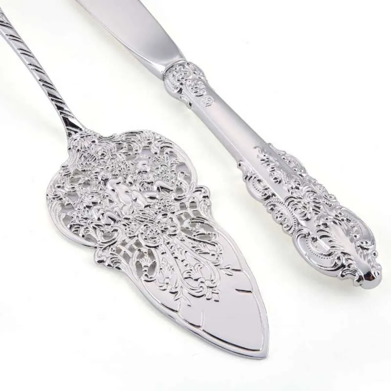 9.25 '' Zilveren Bruiloft Cake Serveer Set Small Shovel Mes Barok Party Decorating Verjaardag Silverware Christmas Gift 210928