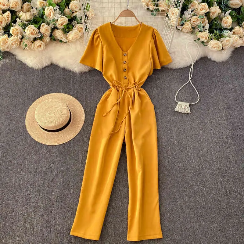 Singreiny Women Korean Solid Rompers V Neck Kortärmad Button Drawstring Wasit Jumpsuit Sommar Vacation Beach Lång Rompers 210419