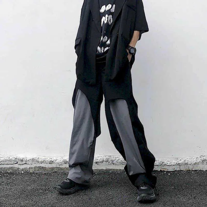 바지 여자 남자 거리 다크 간단한 힙합 스타일 검은 흰색 대비 컬러 스티치 깨진 가장자리 스포츠 높은 거리 스태킹 210526
