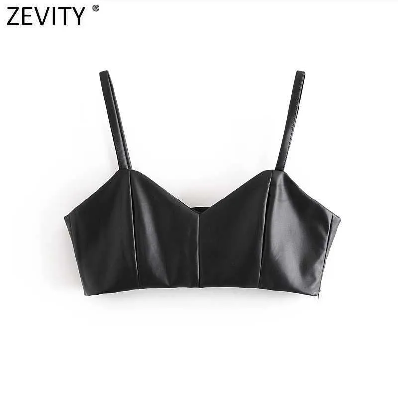 Zevity Femmes Spaghetti Sangle Sexy Faux Cuir Chic Court Camis Débardeur Dames Été Dos Nu Side Zipper Sling Tops LS7370 210603