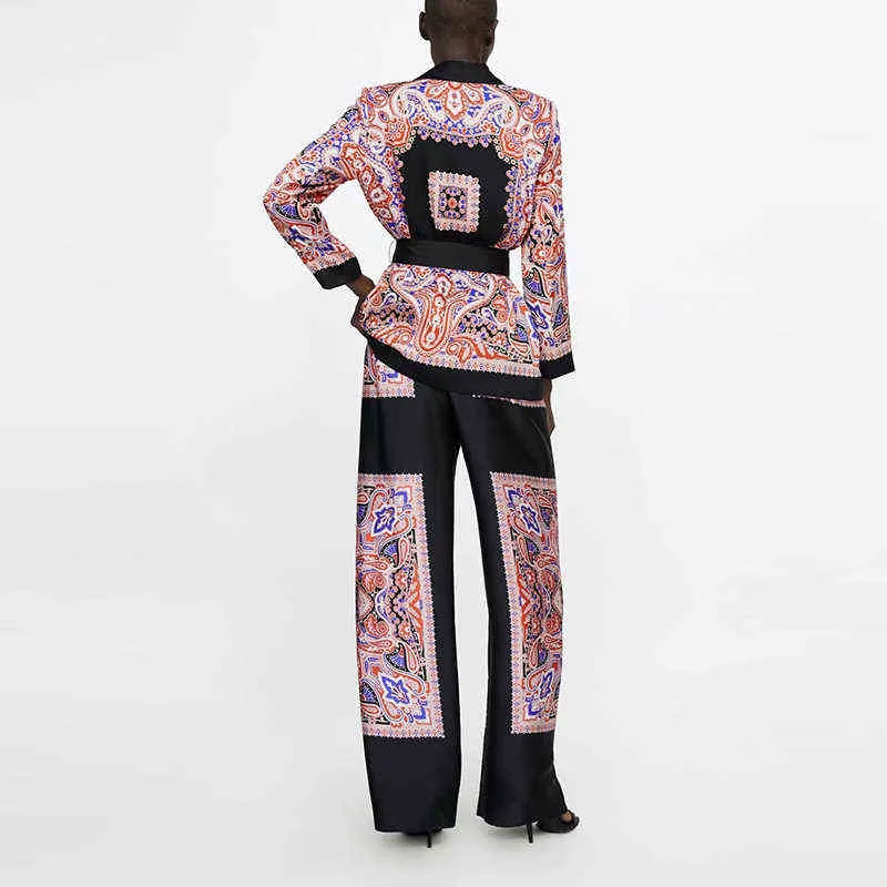 Мода пэчворк Цветочный костюм Куртка с Sash Женщины Весна Блуза Пальто Элегантные V Шеи Офисные штаны Устанавливает наряд XZ1939 211106