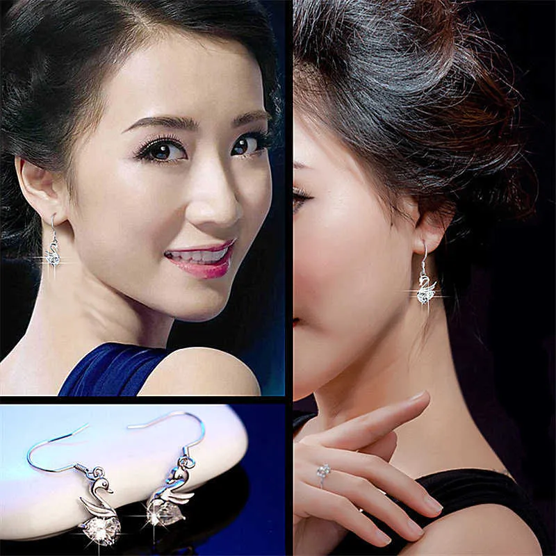 Damen Ohrringe Baumeln Kristall Silber Überzogene Diamant Nietenschwan Mode Allergische Tropfenstil