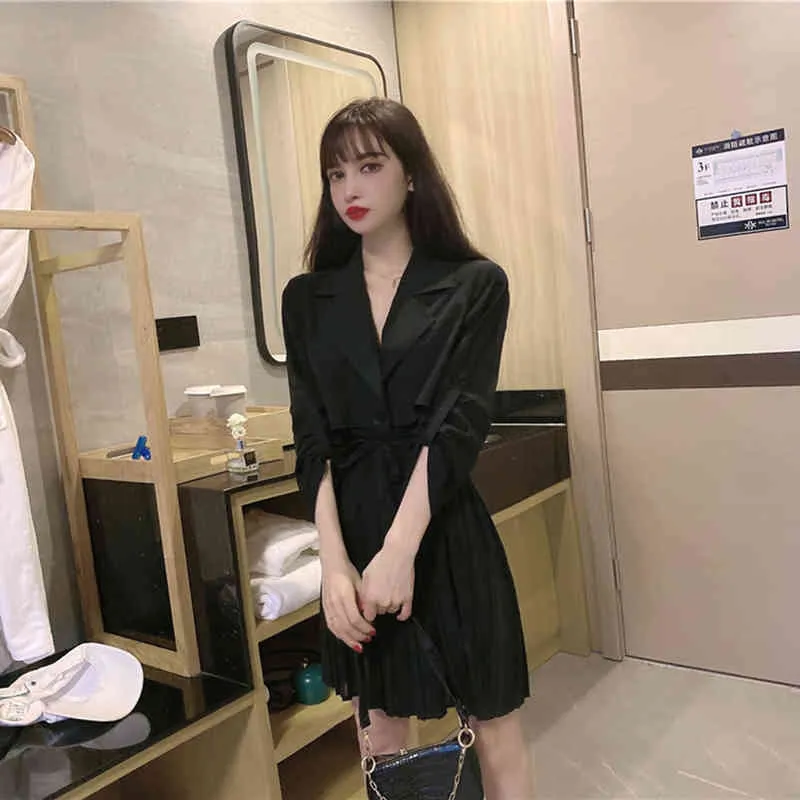 Spring Autumn Women's Dress Korean Pure Color Suit Collar Long Sleeve Waist Short Female Fake Two Piece es GX662 210507