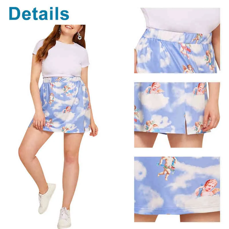 6Xl 5Xl Plus Size Mini Corset Women Skirt Blue And White Skirt Angel Baby Clouds Printed Large Lady Rubber Band Waist Skirt D30 G220309