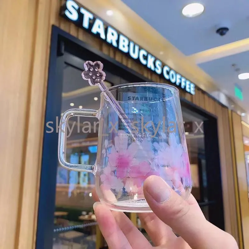 300ML Starbucks Laser Sakura Mugs Pink Coffee Water Cup with Stirring Rod Large Capacity Good Gift Product227S