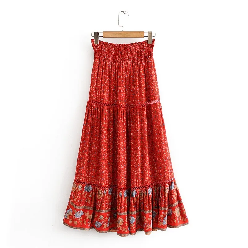 Summer women printed elastic waistband with cutout Red skirt high waist female midi skirt ladies sexy boho beach skirts 210514