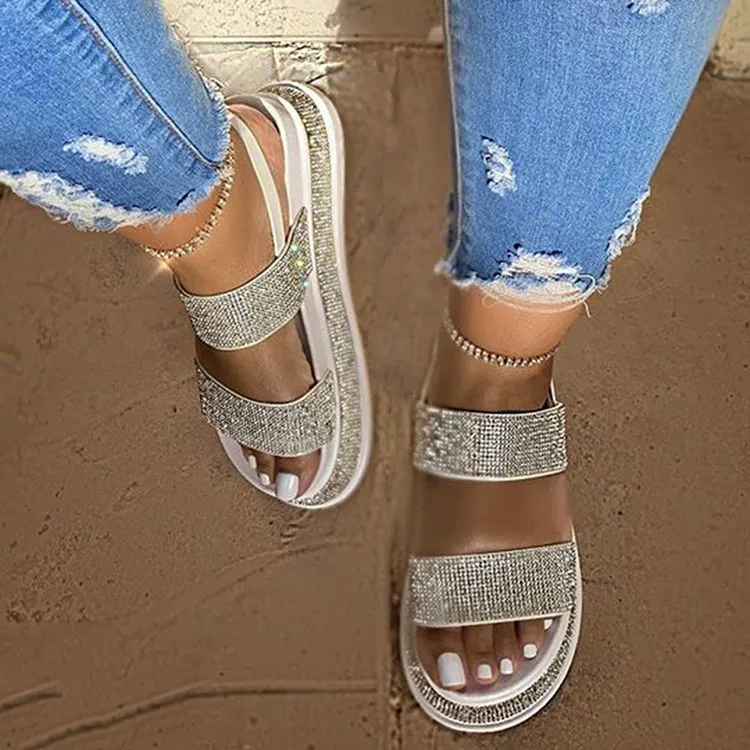 다이아몬드 경계 슬리퍼가있는 여성 샌들 두꺼운 밑창 신발 플랫 힐 플러스 크기