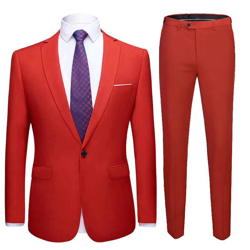 Mens 2 stycken röd smal passform singelknapp kostym jacka + byxor fest bröllop prom kostymer män fest formell affärsklänning kostym man 210524