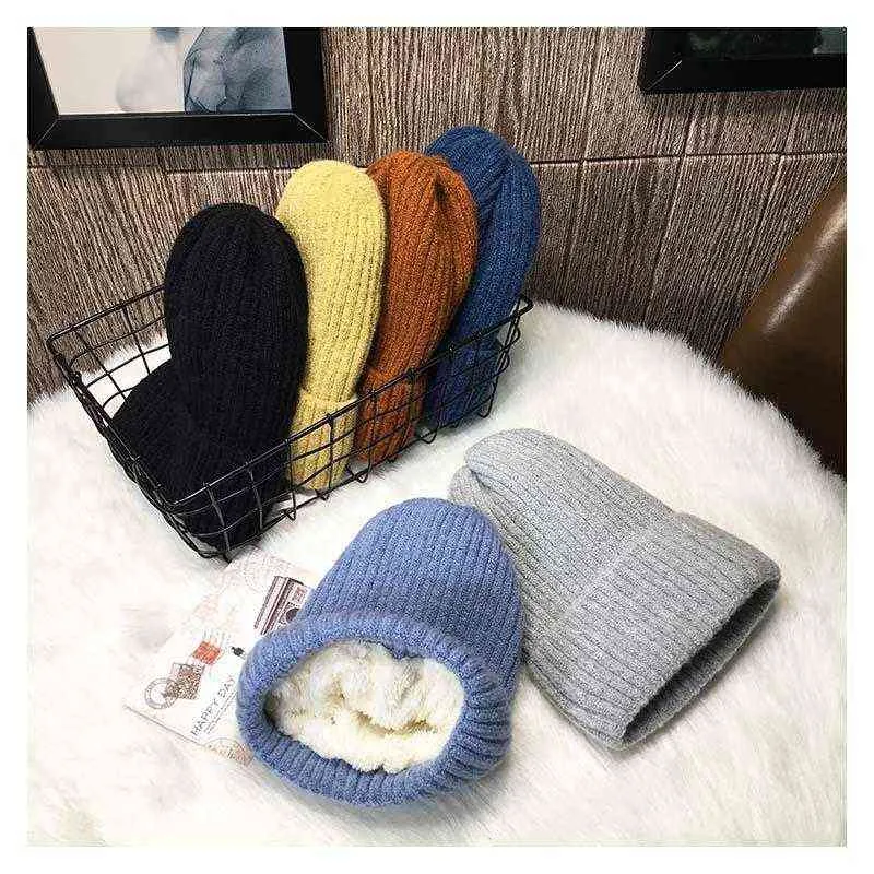 2021 New Winter Thicken Interior Plush Knitted Hat Woman Man Optional Keep Warm Winter Hats Brown Black Blue Warm Cap Y21111