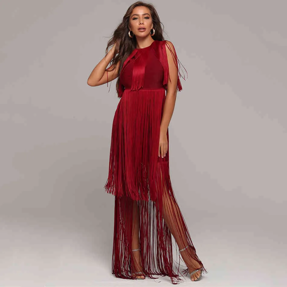 Free Women's Burgundy Fringed Bandage Dress Sexy Sleeveless Bodycon Long Celebrity Club Party Vestidos 210524