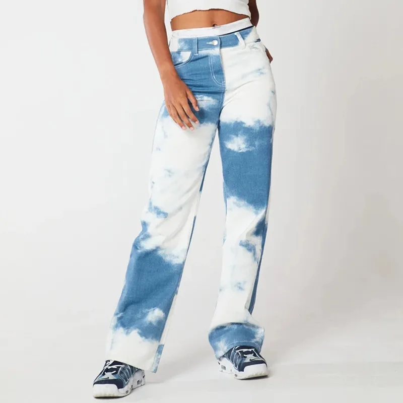 Kvinnor Y2K Tie Dye Streetwear Cargo Jeans Preppy Style Girl's Holiday Outfits High Waisted Straight Jogger Byxor Gotiska Kläder 210517