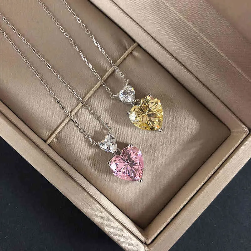 Collier avec pendentif en forme de cœur en Zircon, rose et jaune étincelant, bijoux élégants pour fête de fiançailles et de mariage, cadeau de saint-valentin pour femmes
