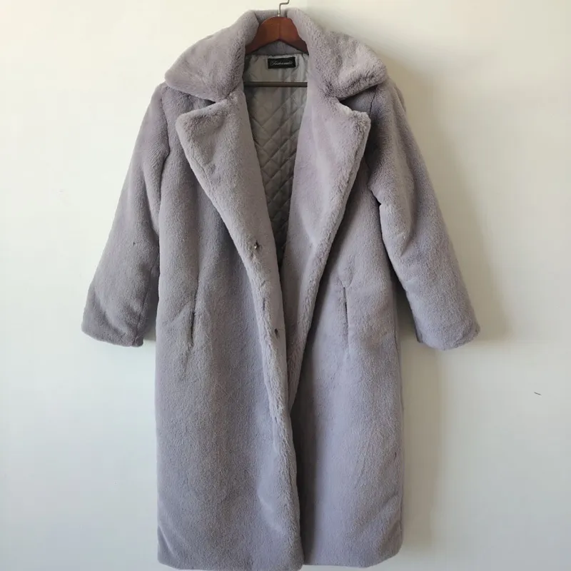 Wolmengsels Damesjack Faux Konijnenbontjas Winter Dames Lange Jassen Hoge Kwaliteit Luxe Jas Vrouwelijke Losse Revers Pluche Coat 210419