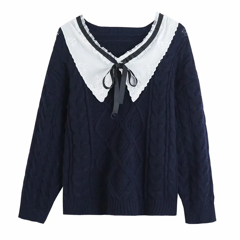 Sweet Women Embroidery Turn Down Collar Sweater Fashion Ladies Bow Lace Knitted Tops Elegant Female Chic Pullover 210427